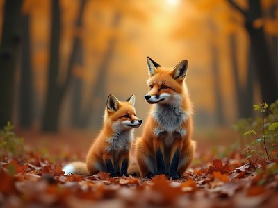 Foxes enjoying autumn in a forest