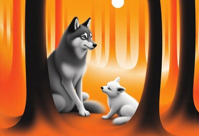 Wolves interacting in a vibrant orange forest setting