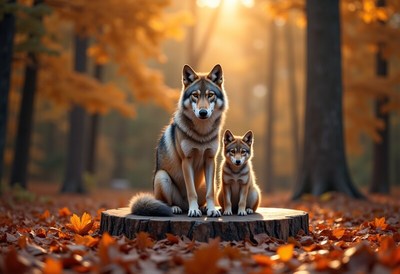 Wolves resting on a log in a vibrant autumn forest