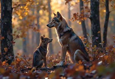 Wolves enjoying an autumn afternoon in the forest