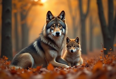 Wolves resting in a forest during autumn season