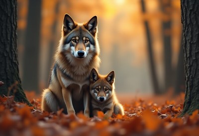 Wolves resting on autumn leaves in a tranquil forest