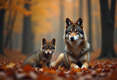 Wolves resting in an autumn forest setting