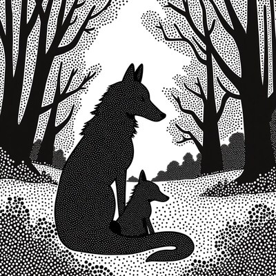 Silhouetted wolves resting in a forest scene