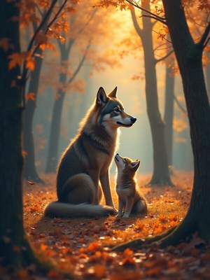 Mother wolf and pup in a serene autumn forest scene
