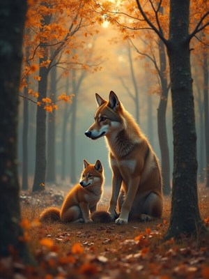 Foxes resting peacefully in a serene autumn forest