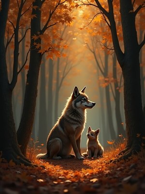 Majestic wolves in a serene autumn forest scene