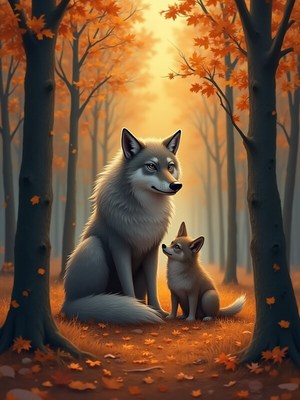 Pair of foxes in a golden autumn forest scene