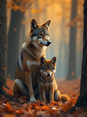 Wolves resting quietly in a forest during autumn