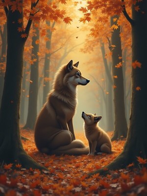 Bonding moment between a dog and its puppy in autumn