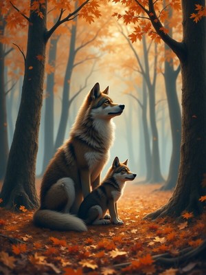 Wolves in a forest surrounded by autumn leaves