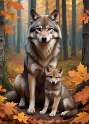 Wolves in a forest with autumn leaves during golden hour