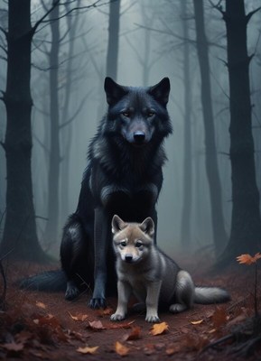 Wolf and puppy in misty forest during twilight