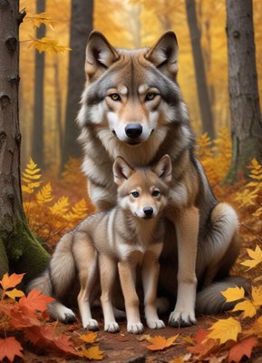 Wolves standing together in a vibrant autumn forest
