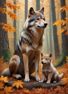 Majestic wolves in a forest during autumn