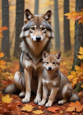 Wolves sitting in a forest during autumn