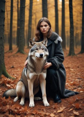 Woman and wolf sit in autumn forest setting