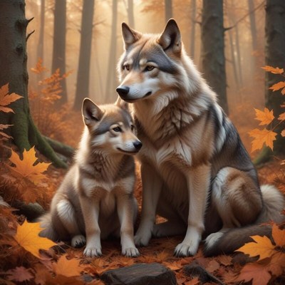 Majestic wolves in a serene autumn forest setting