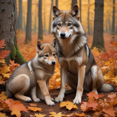 Wolves sitting together in an autumn forest setting