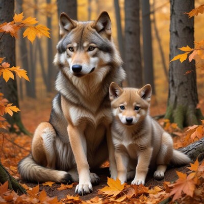 Wolf mother and cub resting in autumn forest