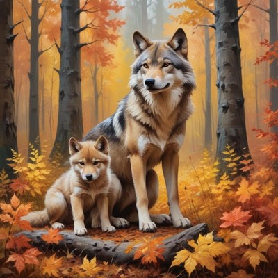 Wolves and their cub in autumn forest setting