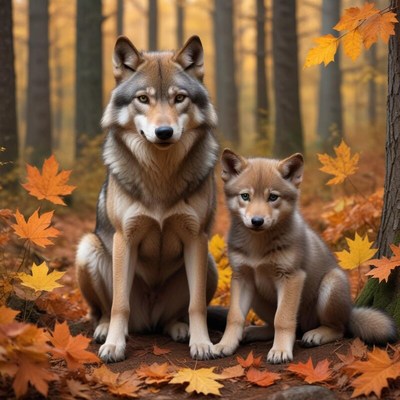 Wolves and pup in a vibrant autumn forest scene