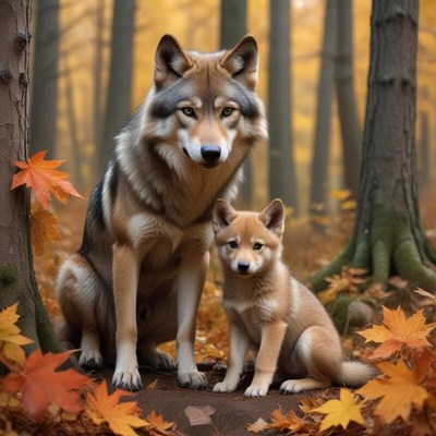 Wolves resting in autumn forest with colorful leaves