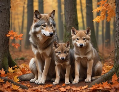 Family of wolves sitting in autumn forest scene