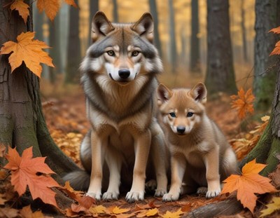 Wolves sit together in autumn forest surrounded by leaves