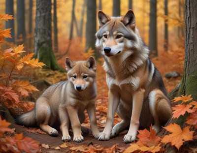 Wolves resting in a forest with autumn leaves