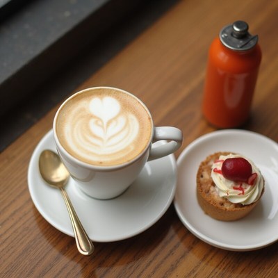 Coffee with dessert on a wooden table in a cafe