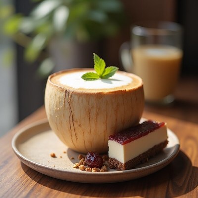 Delicious coconut drink with dessert on a warm table