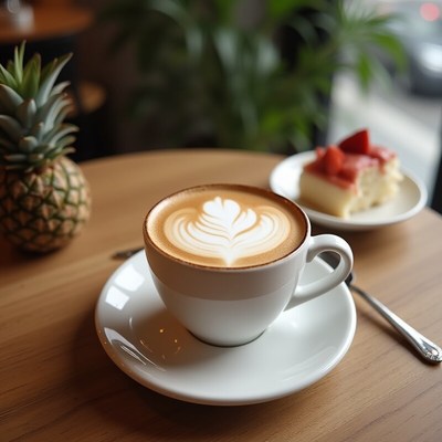 Coffee and cake on a cozy cafe table early in the morning