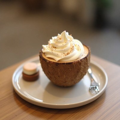 Delicious dessert served in coconut bowl with cream topping