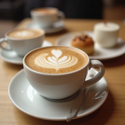 Warm cups of coffee on a wooden table in a cozy cafe