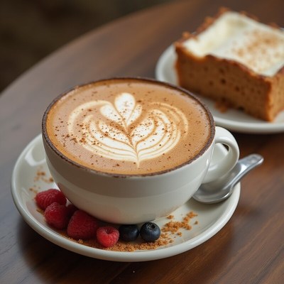 Warm coffee with latte art and dessert on a wooden table