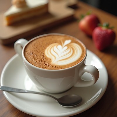 Warm coffee with latte art and fresh strawberries on table