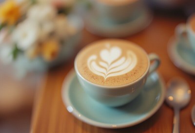 Coffee with beautiful latte art on a wooden table