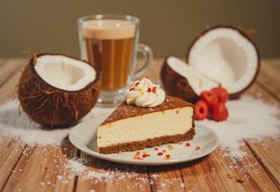 Delicious coconut cheesecake with coffee and raspberries