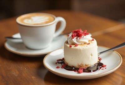 Delicious dessert and coffee served at a cozy cafe