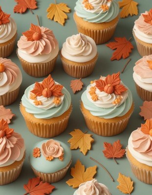 Colorful autumn-themed cupcakes arranged on a table