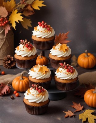 Festive cupcakes with autumn decorations and pumpkins