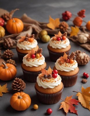 Fall cupcakes adorned with leaves and berries