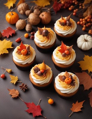 Fall-themed cupcakes with autumn decorations on display