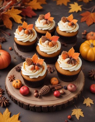 Delicious fall-themed cupcakes with autumn decorations