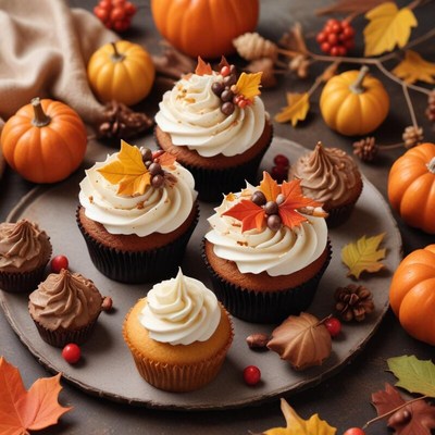 Cupcakes decorated with autumn themes and fall colors