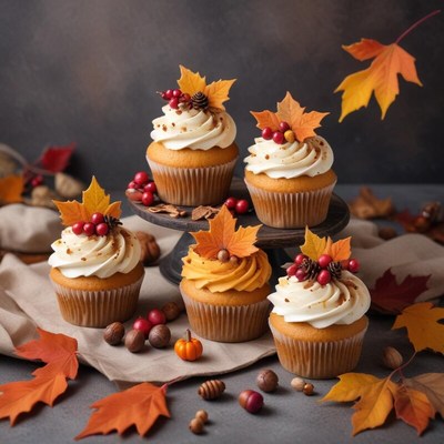 Festive autumn cupcakes decorated with leaves and berries