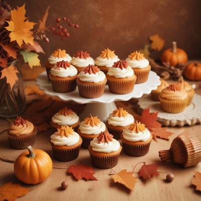 Delicious autumn cupcakes on display with seasonal decor