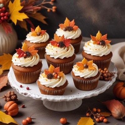 Fall-themed cupcakes on a decorative stand