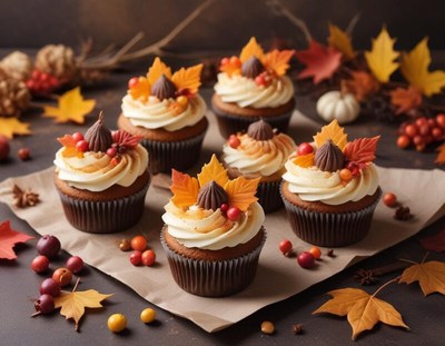 Autumn-themed cupcakes with cozy decorations on display